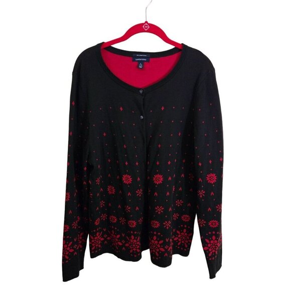 Lands' End Black Red Floral Super Soft Cotton Classic Cardigan Sweater Size L - Picture 1 of 5